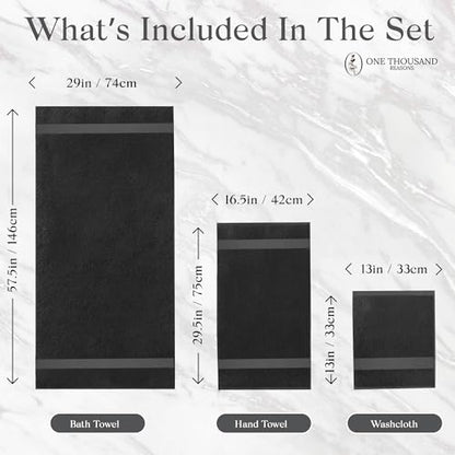 Premium Staple Cotton Bathroom Towel Set - Black 600 GSM 6-Piece Luxury Bath Towel Set 1 Stripe - 2 Bath Towels, 2 Hand Towels & 2 Washclothes Set - High Absorbent & Quick Dry for Gym, Spa, Hotel - color: Black - 1 Stripe