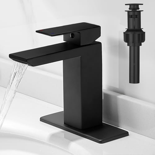RUMOSE Bathroom Faucets 1 & 3 Hole Vanity Faucet with Drain Matte Black | Single Handle Bathroom Sink Faucet Set Waterfall Spout Kit with Deck Plate Rv Lavatory Basin Faucet, Stainless Steel - color: Matte Black