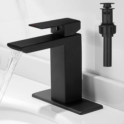 RUMOSE Bathroom Faucets 1 & 3 Hole Vanity Faucet with Drain Matte Black | Single Handle Bathroom Sink Faucet Set Waterfall Spout Kit with Deck Plate Rv Lavatory Basin Faucet, Stainless Steel - color: Matte Black