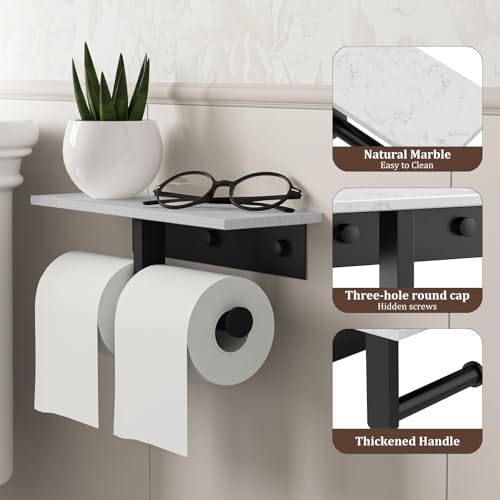 BWE Double Toilet Paper Holder with Shelf Wall Mounted Tissue Roll Holder | Commercial Toilet Paper Dispenser for Bathroom Marble Toilet Paper Storage Holder with Phone Shelf (Matte Black) - color: Double Black