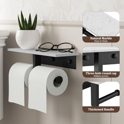 BWE Double Toilet Paper Holder with Shelf Wall Mounted Tissue Roll Holder | Commercial Toilet Paper Dispenser for Bathroom Marble Toilet Paper Storage Holder with Phone Shelf (Matte Black) - color: Double Black