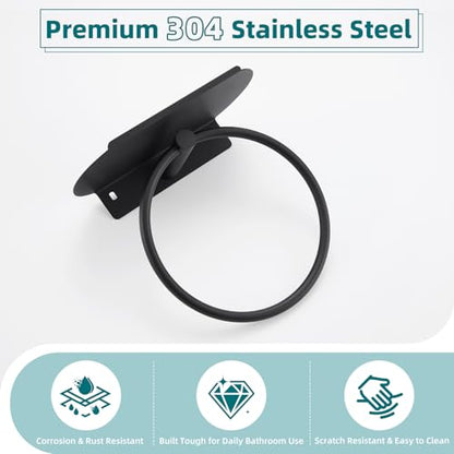 Hand Towel Ring with Shelf, Matte Black, 304 Stainless Steel | 8.07-Inch Storage Surface, Raised Back Edge, 180° Swivel Motion, Phone Storage, Modern Bathroom Upgrade, Small-Space Use - color: Matte Black