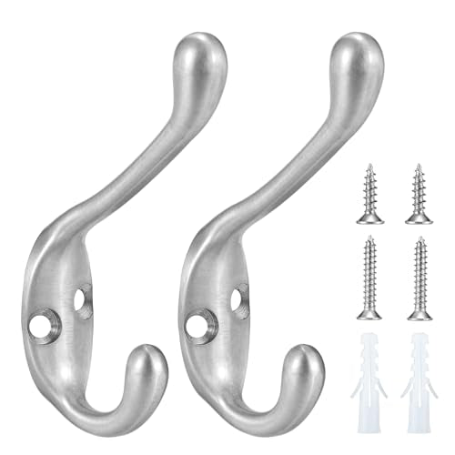 Coat Hooks 5 Pack-Heavy Duty Wall Mounted Brushed Nickel Door Hooks Double Prong Hooks for Hanging Clothes/Towels/Key-Suitable for Bedroom/Bathroom/Entryway - color: Brushed Nicekl