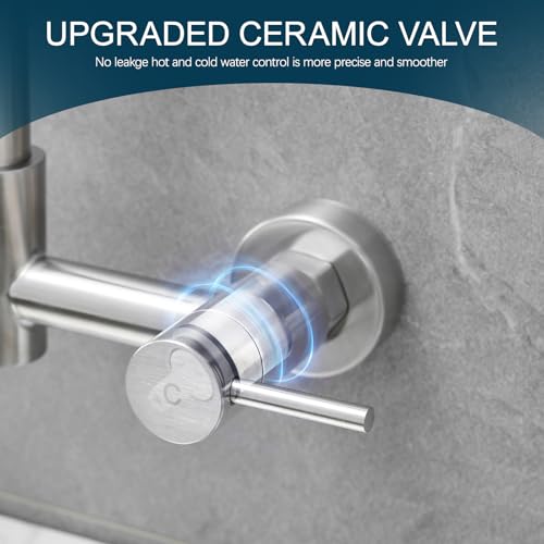 AIMADI Wall Mount Kitchen Faucets, 8-Inch Center | Wall Mount Kitchen Sink Faucet with Pull-Down Sprayer,Modern Stainless Steel Design Double Lever Control - color: Brushed Nickel