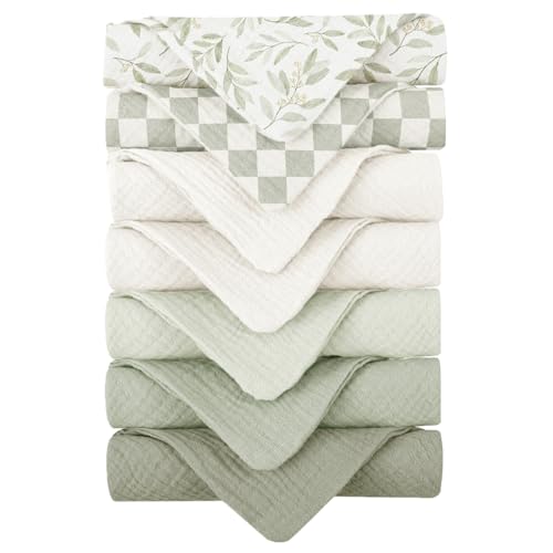 Konssy Baby Muslin Washcloths 7-Pack, 100% Cotton Baby Bath Washcloths, Soft & Absorbent Wash Cloths and Burp Cloths for Newborn Kids Girls & Boys, 11x11 inches - color: Leaf