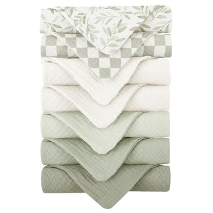 Konssy Baby Muslin Washcloths 7-Pack, 100% Cotton Baby Bath Washcloths, Soft & Absorbent Wash Cloths and Burp Cloths for Newborn Kids Girls & Boys, 11x11 inches - color: Leaf
