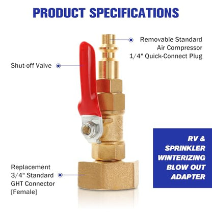 RV Winterize Blowout Adapter Kit,1/4" Quick Connect Plug 3/4" Garden Hose Thread with Ball Valve and Washers, Heavy-Duty Brass Fitting for RV, Boat, Camper, and Trailer Systems - style: RV Winterize Blowout Adapter Kit