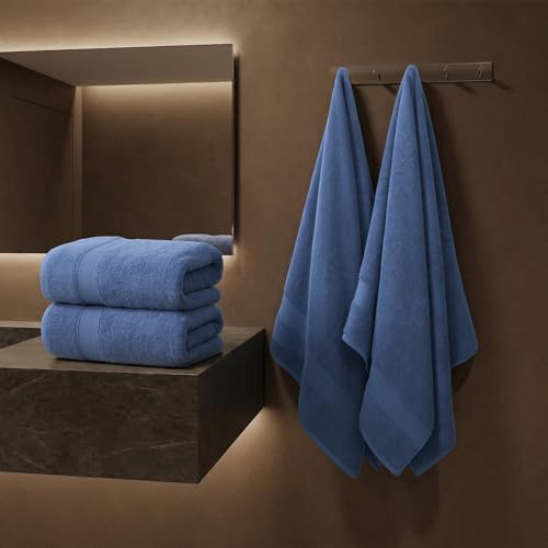 REDKISS 100% Luxury Cotton Bath Towels 4-Pack, Ultra-Thick, Plush, Soft & Highly Absorbent for Bathroom, Hotel, Spa and Home - 27" x 55" - color: Navy Blue