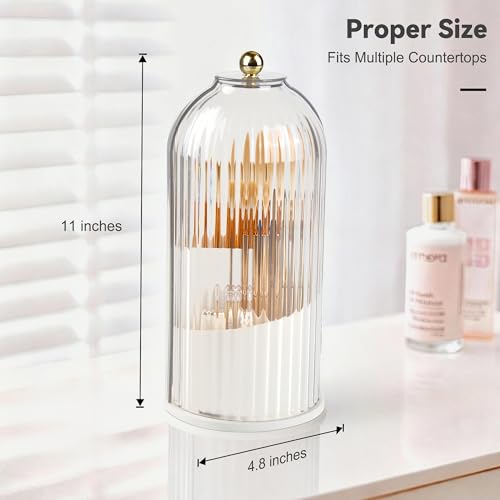 Makeup Brush Holder 360° Rotating Countertop Organizer with Lid Transparent | Transparent Sealed Lid, Waterproof, 3 Compartments, 180° Side Pull Door, for Vanity Makeup Brushes & Bathroom Toothbrushes - color: Transparent