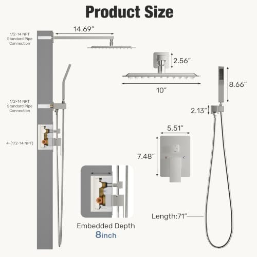 NEWBULIG Shower Faucet Set, Square Rainfall Shower Head and Handle Set with Valve Trim Kit,10.5 Inch Head, Brushed Nickel