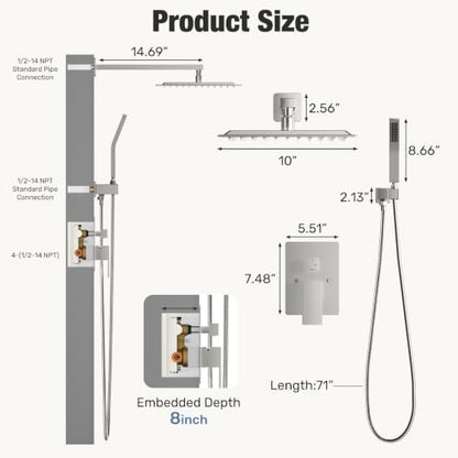 NEWBULIG Shower Faucet Set, Square Rainfall Shower Head and Handle Set with Valve Trim Kit,10.5 Inch Head, Brushed Nickel