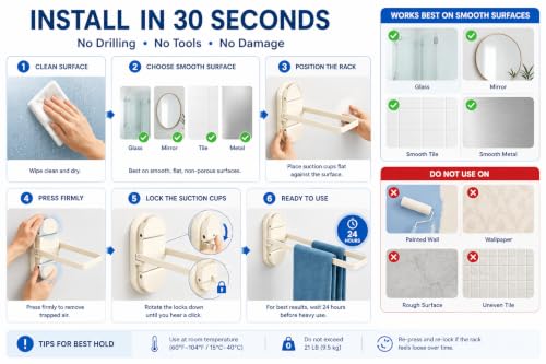 Suction Towel Rack No Drill,21LB Foldable Stainless Steel Bathroom | Dual suction rack holds 21lbs, fits glass & RV. Repositionable tool-free mount, no residue. Fold-flat rustproof brushed steel - color: White
