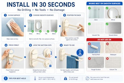 Suction Towel Rack No Drill,21LB Foldable Stainless Steel Bathroom | Dual suction rack holds 21lbs, fits glass & RV. Repositionable tool-free mount, no residue. Fold-flat rustproof brushed steel - color: White