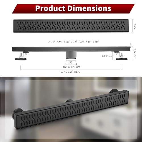 Sharp-tec Linear Shower Drain, 24 inch Shower Drain with Removable Pattern Cover, Matte Black 304 Stainless Steel Rectangle Floor Drain, Adjustable Feet and Hair Strainer Included - color: Matte Black, size: 24 inch