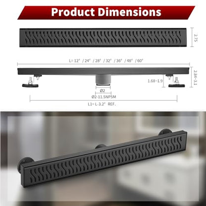 Sharp-tec Linear Shower Drain, 36 inch Shower Drain with Removable Pattern Cover, Matte Black 304 Stainless Steel Rectangle Floor Drain, Adjustable Feet and Hair Strainer Included - color: Matte Black, size: 36 inch