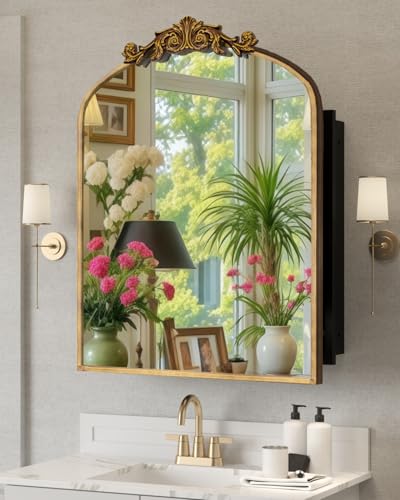 24x30 Inch Bathroom Medicine Cabinet Surface Mounted, Medicine Cabinet with Arched Mirror, Hand-Painted Bronze Aluminum Frame, Baroque Flower Decor, Black Metal Cabinet, 2 Stable & Removable Shelves - size: Frame:24"x30" (Surface Mount Only)