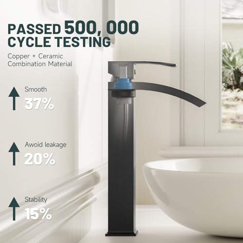 Matte Black Vessel Sink Faucet, Waterfall Bathroom Faucets | Brass, Tall Spout, Single Handle 1 Hole Bathroom Faucet, Modern Basin Taps with Supply Line, Pop Up Drain, Without Overflow - color: Matte Black, size: Tall
