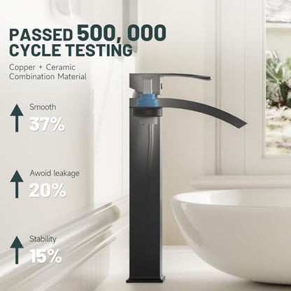 Matte Black Vessel Sink Faucet, Waterfall Bathroom Faucets | Brass, Tall Spout, Single Handle 1 Hole Bathroom Faucet, Modern Basin Taps with Supply Line, Pop Up Drain, Without Overflow - color: Matte Black, size: Tall