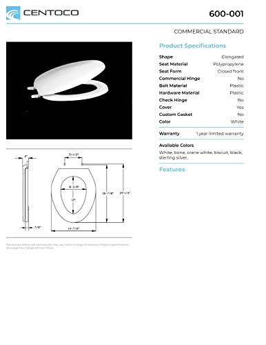 Centoco Elongated Toilet Seat, Residential, Top Mount Plastic Hinge, Bone | Plastic, Closed Front, Cover, Made in the USA, 600-106 - color: Bone, size: Elongated, style: Closed Front / Made in the USA