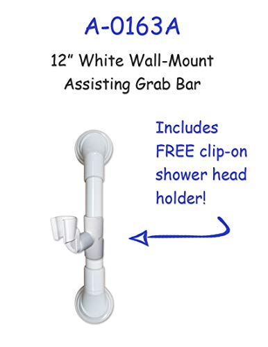 12 in MedGear Wall-Mount Bath Assisting Grab Bar, White & Includes Clip-On Shower Head Holder - color: White