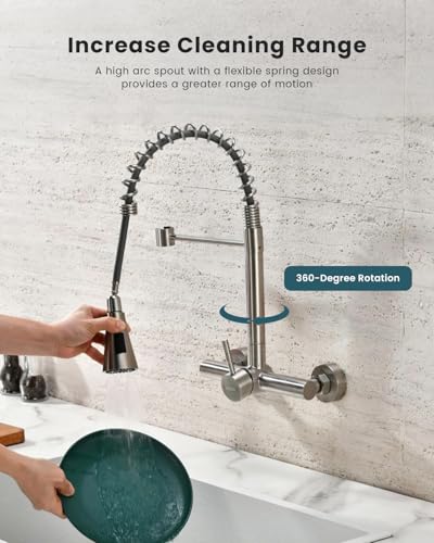 Wall Mount Kitchen Faucet Single Handles, 8 Inch Center Wall Commercial Utility Sink Faucet with Pull Out Sprayer 3 Modes, Stainless Steel, Brushed Nickel - color: Single Handle-Nickel, style: Wall Mount