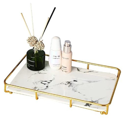 Dobbyby Vanity Tray Makeup Organizer Cosmetics Storage Bathroom Skincare Organizer Countertop Display Rack in Dresser Stainless Steel Shelf Marble Print Ceramic Trays - color: 1 Tier-gold