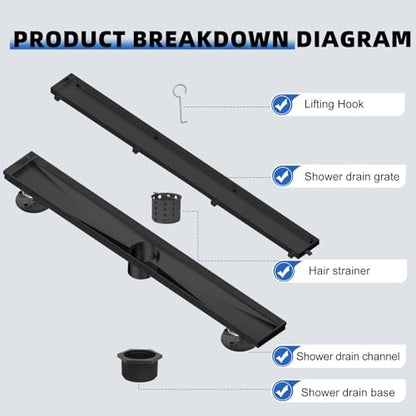 Linear Shower Drain 24 inch Matte Black with Tile Insert Grate | AISI 304 Stainless Steel Black Linear Drain Rectangle Shower Floor Drain with Hair Strainer and Leveling Feet - color: Black, size: 24 inch