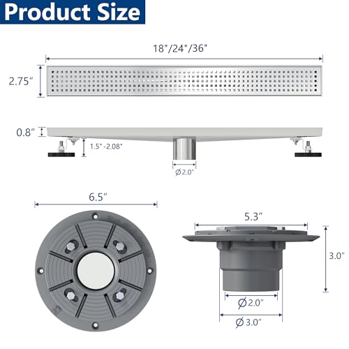 Neodrain 24-Inch Brushed Linear Shower Drain with Quadrato Pattern Grate | 304 Stainless Steel Linear Drain,Rectangle Shower Floor Drain with Hair Strainer, shower drain base ,Fits Bathroom, Balcony - color: Brushed, size: 24 In