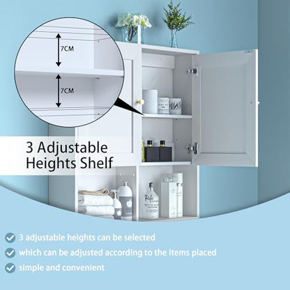 Bathroom Wall Cabinet, Medicine Cabinet with 2 Door and Adjustable Shelves,3-Tier Wood Hanging Storage Over The Toilet,White Wall Mounted Cabinet for Bathroom, Kitchen,Laundry Room