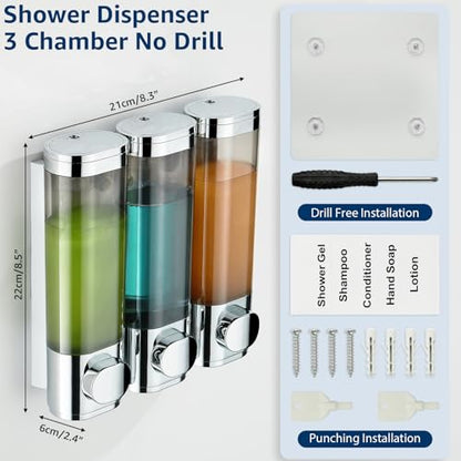 Pollock Shampoo and Conditioner Dispenser Wall Mounted | Shower Soap Dispenser 2 Chamber No Drill, Shampoo Dispenser for Shower, Body Wash Dispenser for Bathroom, Large Capacity - color: Silver Dg3 Chamber