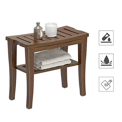 SogesHome Bamboo Shower Bench, Shower Caddies Foot Rest with Storage Shelf for Shampoo Towel, Ideal for Bathroom/Living Room/Bedroom, Dark Brown - color: Dark Brown