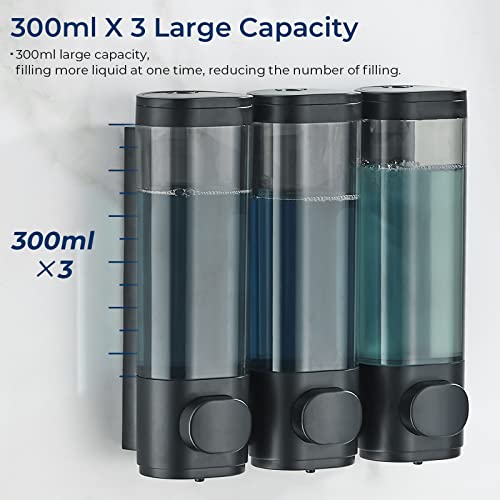 Pollock Shampoo and Conditioner Dispenser Wall Mounted | Shower Soap Dispenser 2 Chamber No Drill, Shampoo Dispenser for Shower, Body Wash Dispenser for Bathroom, Large Capacity - color: Black 3 Chamber