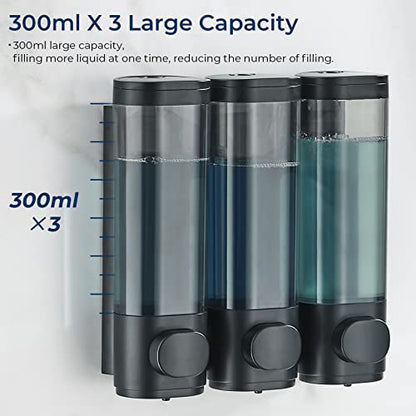 Pollock Shampoo and Conditioner Dispenser Wall Mounted | Shower Soap Dispenser 2 Chamber No Drill, Shampoo Dispenser for Shower, Body Wash Dispenser for Bathroom, Large Capacity - color: Black 3 Chamber
