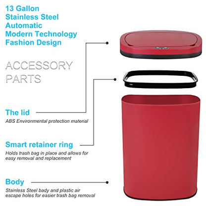 13 Gallon 50L Touch Free Automatic Stainless Steel Trash Can Garbage Can Metal Trash Bin with Lid for Kitchen Living Room Office Bathroom, Electronic Motion Sensor Automatic Trash Can - Red - color: Red