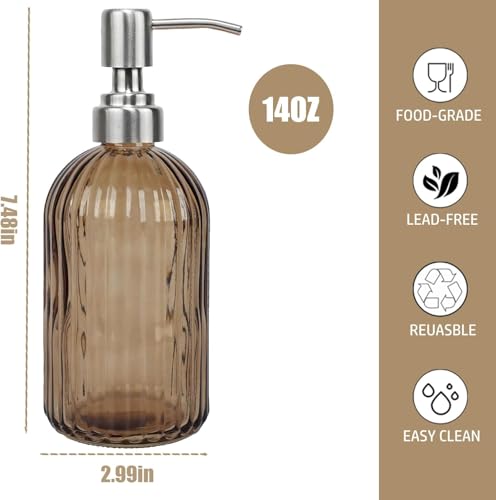 14Oz Brown Soap Dispenser Bathroom, 2 Pack, Stainless Steel Pump, Stripe | Clear Glass Hand Soap Dispensers, Refillable Dish Soap Dispenser for Kitchen, Countertop Soap Dispensers - color: Brown（2-pack）