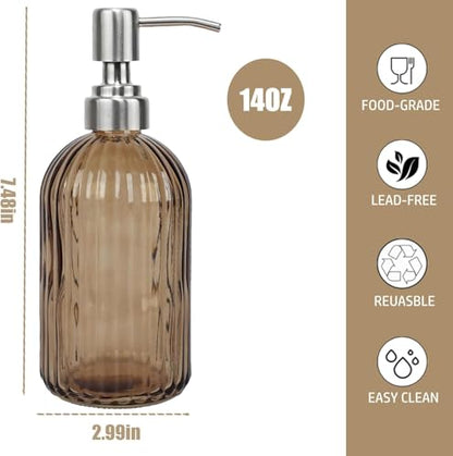 14Oz Brown Soap Dispenser Bathroom, 2 Pack, Stainless Steel Pump, Stripe | Clear Glass Hand Soap Dispensers, Refillable Dish Soap Dispenser for Kitchen, Countertop Soap Dispensers - color: Brown（2-pack）