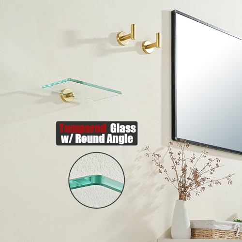 JQK Bathroom Glass Shelf Gold, Tempered Glass Shower Storage 8 by 5 inches, 304 Stainless Steel Brushed Gold Wall Mount, TGS101L8-BG - color: Gold, size: 8 Inch (1 Pack)