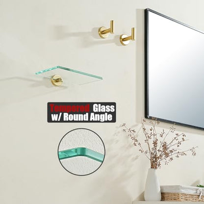 JQK Bathroom Glass Shelf Gold, Tempered Glass Shower Storage 8 by 5 inches, 304 Stainless Steel Brushed Gold Wall Mount, TGS101L8-BG - color: Gold, size: 8 Inch (1 Pack)