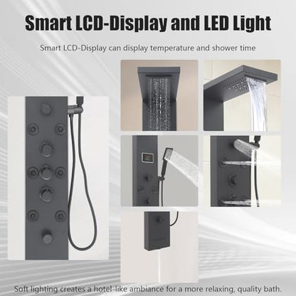 6-in-1 LED Shower Panel Tower System with 8 Adjustable Body Jets, Rainfall & Waterfall Shower, Smart Temperature Display, 59" Hose, Brushed Gold Stainless Steel, Wall Mounted (Black) - color: Black