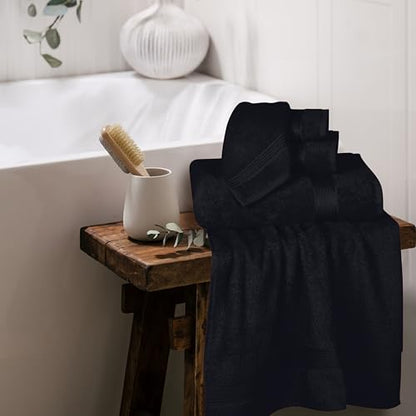 Ultra Soft 6 Pack Cotton Towel Set, Contains 2 Bath Towels 28x55 inch, 2 Hand Towels 16x24 inch & 2 Wash Coths 12x12 inch, Ideal for Everyday use, Compact & Lightweight - Black - color: Black
