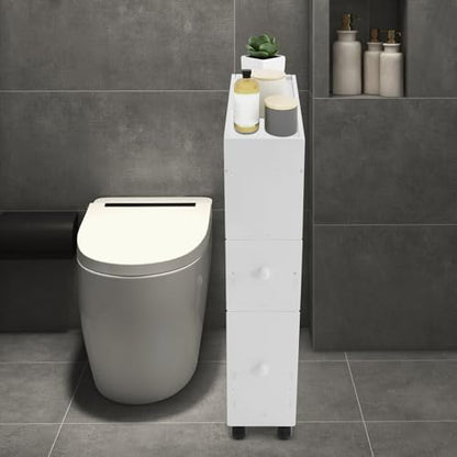 Bathroom Storage Cabinet with Wheels, 30in PVC Narrow Floor Storage Cabinet, Small Bathroom Storage Cabinet with Drawers for Bathroom, Toilet, Bedroom, Laundry Room, Kitchen(White) - size: 30in with Wheels