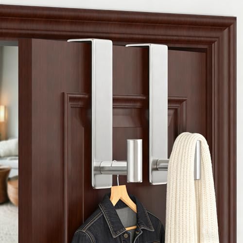 WUIVIUT Heavy Duty Over Door Hooks - Fits 1.77" Wide Hanger, Towel Door Hook for Clothes, Robe, Coats, Bags (Silvery, T Shape 2 Pack, Fits 1-3/4'' Thick) - size: T Shape 2 Pack, Silver