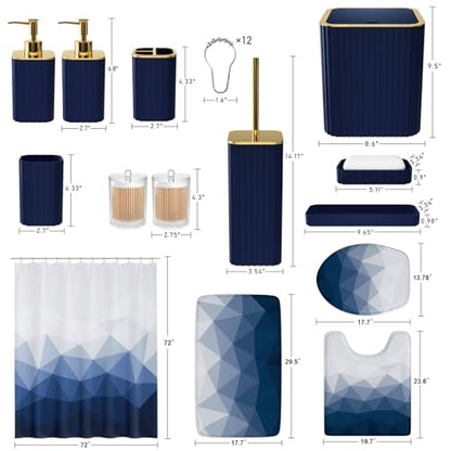 XLHOMO Bathroom Accessory Set - 26PC Bathroom Shower Curtain and Rug Set, Bathroom Accessories Set, Navy Blue Bathroom Set with Trash Can, Toilet Brush, Qtip Holder & Soap Dispenser - style: Navy Blue