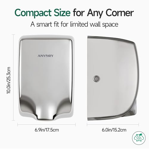 anydry Compact Hand Dryer for Bathrooms, Polished Stainless Steel Finish | Ideal for Commercial or Home Use, High-Speed Airflow, Fast Drying, AC 100–130 V~, Smart Warm Wind, Easy Hardware Wiring - color: Polished Stainless Steel