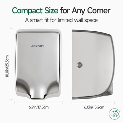 anydry Compact Hand Dryer for Bathrooms, Polished Stainless Steel Finish | Ideal for Commercial or Home Use, High-Speed Airflow, Fast Drying, AC 100–130 V~, Smart Warm Wind, Easy Hardware Wiring - color: Polished Stainless Steel
