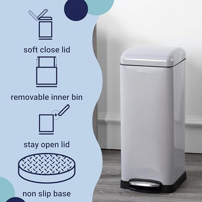 happimess Betty 8 Gal Step Trash Can Soft-Close Lid, Gloss Gray | Fingerprint Resistant, Removable Liner, Semi-Rectangular, Steel Pedal, Iron Powder Coated, 27" Height, Non-Skid Base - color: Gray