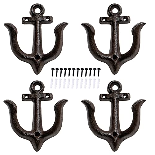 Notakia Decorative Wall Hooks Mounted Antique Shabby Chic Metal Cast Iron Nautical Anchor Design Hooks Hanger, Vintage Rustic Cast Iron Wall Hooks,Screws Included (Brown Anchor 4Pcs) - color: Brown 4Pcs
