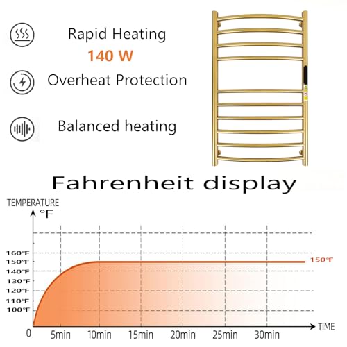 Luxury 10 Bars Gold Towel Warmer Wall Mount Electric Plug-in/Hardwired Heated Towel Rack, Heated Towel Drying Rack with Timer & Temperature Multi-Level Adjustable (Brushed Gold, 10 Bars) - color: Brushed Gold, size: 10 Bars