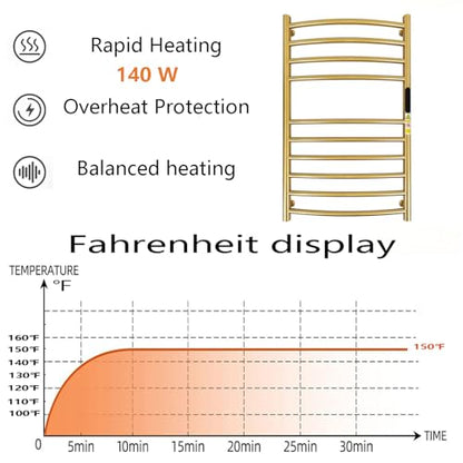 Luxury 10 Bars Gold Towel Warmer Wall Mount Electric Plug-in/Hardwired Heated Towel Rack, Heated Towel Drying Rack with Timer & Temperature Multi-Level Adjustable (Brushed Gold, 10 Bars) - color: Brushed Gold, size: 10 Bars