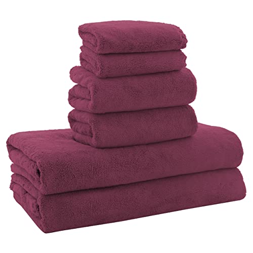 MOONQUEEN Ultra Soft Microfiber Coral Velvet Towel Set - Quick Drying, 2 Bath Towels, 2 Hand Towels, 2 Washcloths - Burgundy, 6 Pcs - color: Burgundy